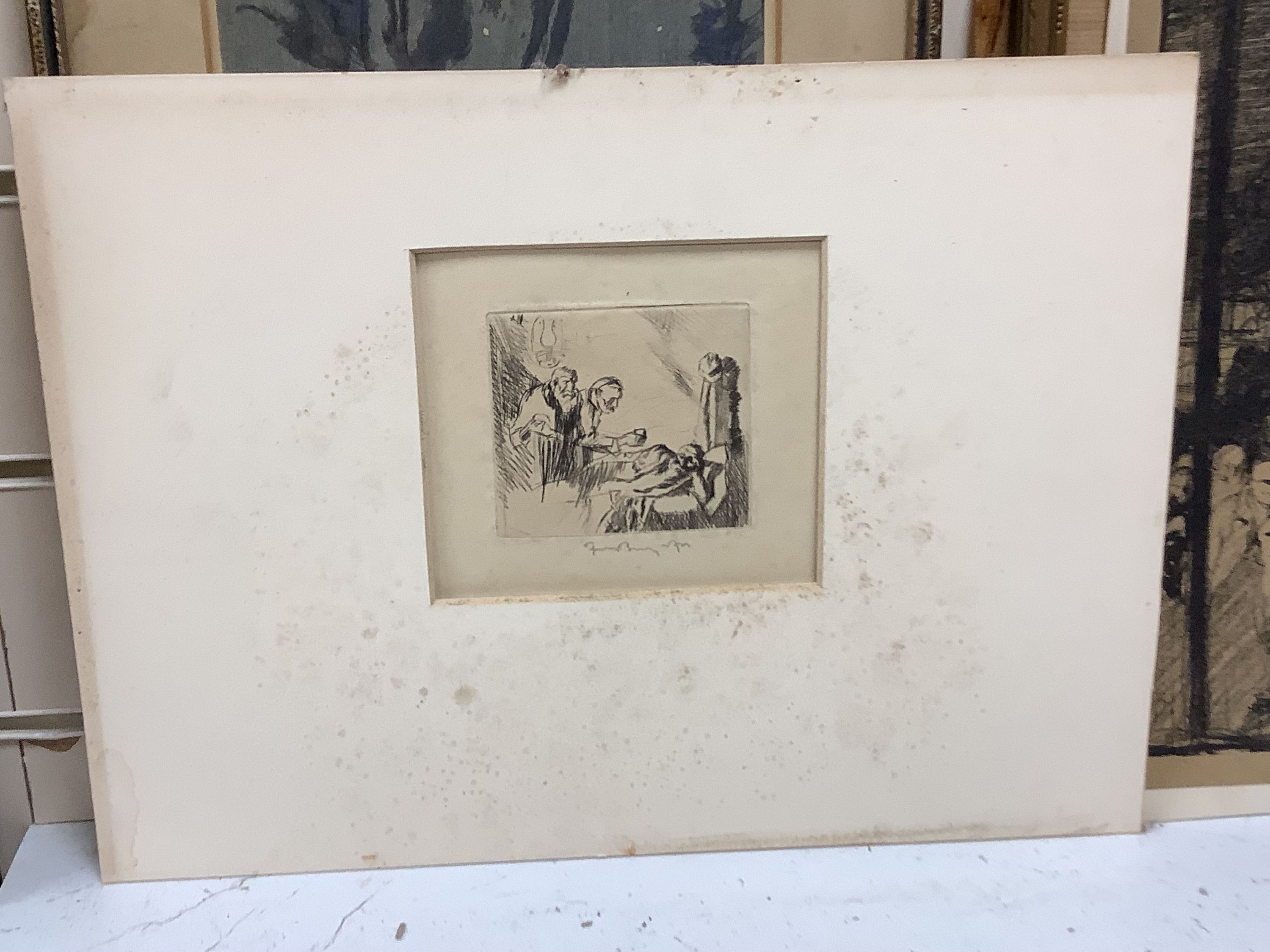 Frank Brangwyn, a collection of eight assorted prints and books; unsigned lithograph, Figures with bridge beyond, 30 x 22cm; etching, Physicians at the bedside, signed in pencil